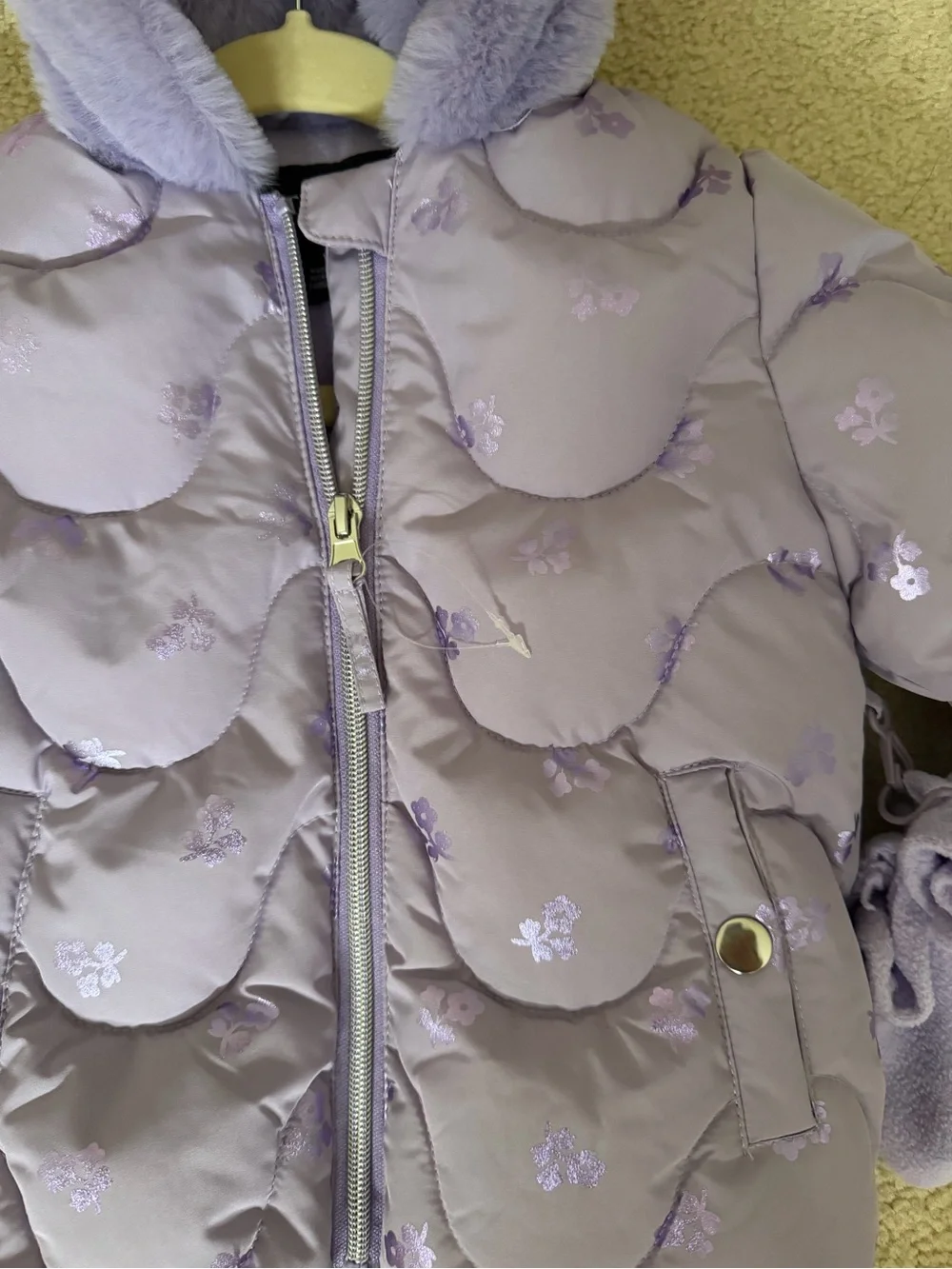NWT Rothschild Baby Girl 12M Lilac Floral Foil Print Wave Quilt Puffer W/Mittens